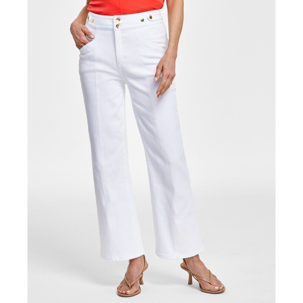 INC Tab-Waist Kick Flare Jeans Womens 14 32 Washed White Seamed Stretch NEW